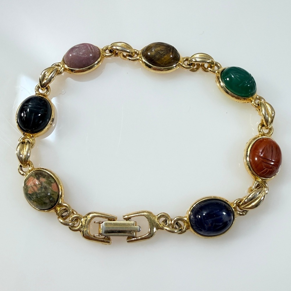 Vintage Scarab Bracelet Genuine Gemstone Carved Stone Gold Tone 6.75" Egyptian